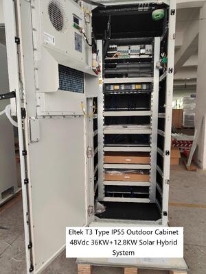 ตู้กลางแจ้ง Eltek T3 48Vdc 36KW ความจุพลังงานแสงอาทิตย์ 12.8kw พร้อม Flatpack2 48/3000HE Flatpack2 48/3200HE