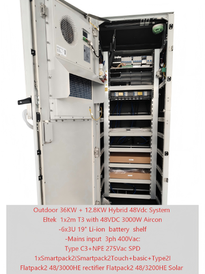 ตู้กลางแจ้งพลังงานแสงอาทิตย์ระบบโทรคมนาคมไฮบริด 36KW+12.8KW พร้อมตัวควบคุม Smartpack 2